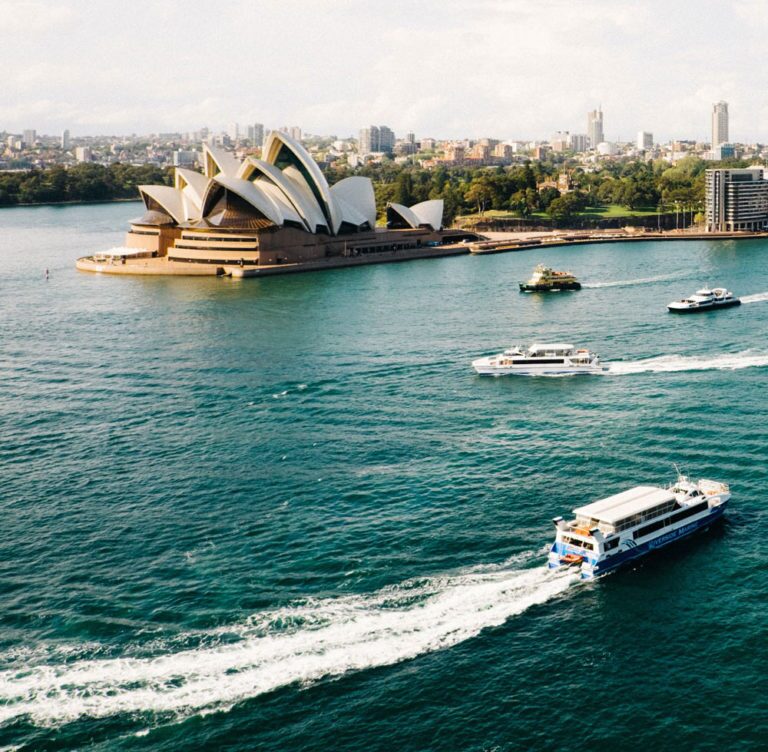 Aerial view of the Sydney Opera House with ferries on the harbour - Snappy Photobooths service area