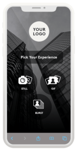 Virtual photo booth app interface on a smartphone showing Still, GIF and Burst options - Snappy Photobooths