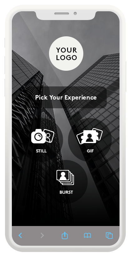 Virtual photo booth app interface on a smartphone showing Still, GIF and Burst options - Snappy Photobooths