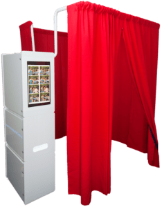 Ultra Definition Photobooth Signature Style with red curtain and photo strip display - Snappy Photobooths