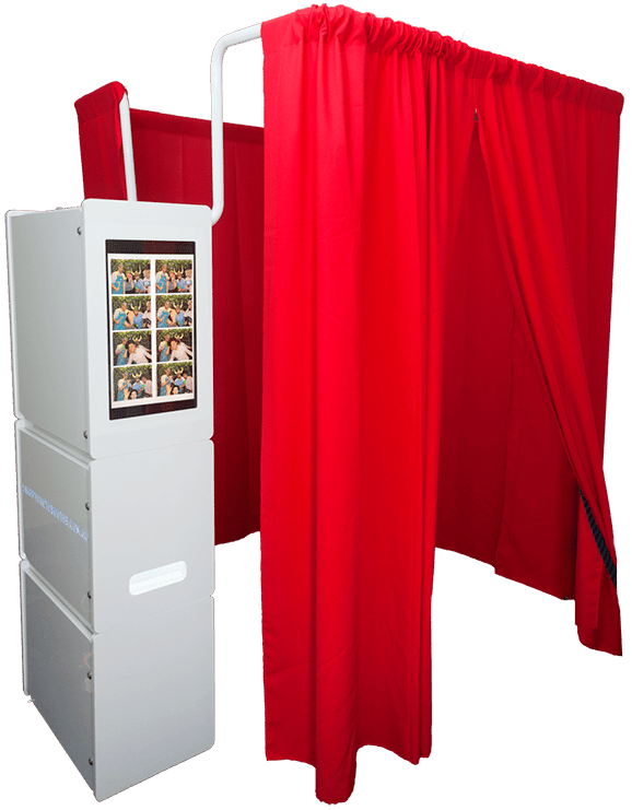 Ultra Definition Photobooth Signature Style with red curtain and photo strip display - Snappy Photobooths