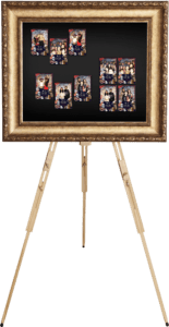 Photo booth print strips from a masquerade party displayed in an ornate frame - Snappy Photobooths