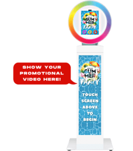 Photo booth touchscreen display showing a sample promotional video prompt - Snappy Photobooths
